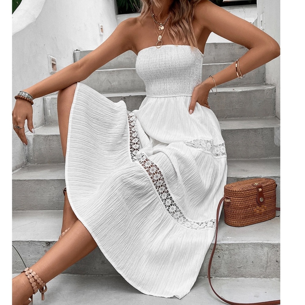 Floral Lace Shirred Bodice Tube Maxi Dress - Picture 1 of 8